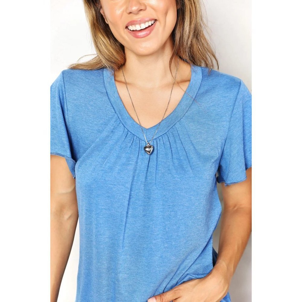 Double Take Ruched V-Neck Short Sleeve T-Shirt